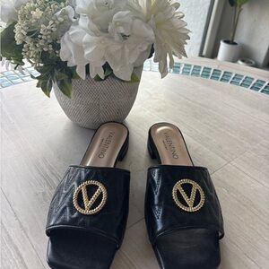 Valentino Black Quilted Leather Slide Sandals with Gold V Emblem